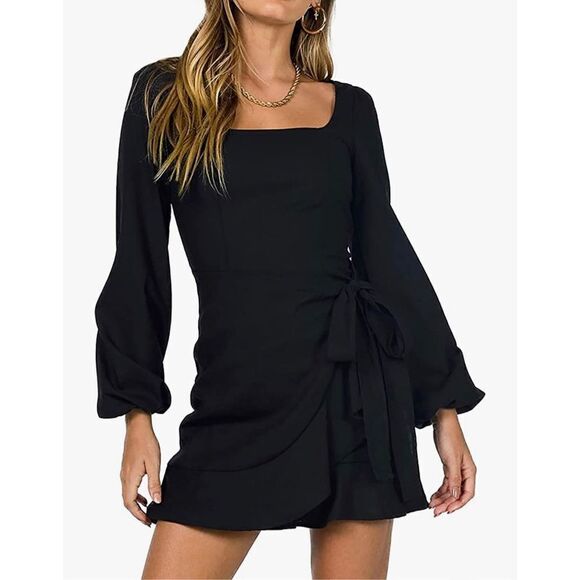 Short Ruffle Hem Dress Waist Tie Elastic Cuffs Solid Casual Dress 2X - Picture 1 of 4